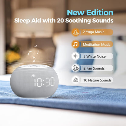 Reacher Auto-Dimmable Alarm Clock White Noise Machine with Night Light, 20 Soothing Sounds, Sleep Timer, Fabric LED Display, Precise Volume Control, Small Sound Machine for Nursery, Baby