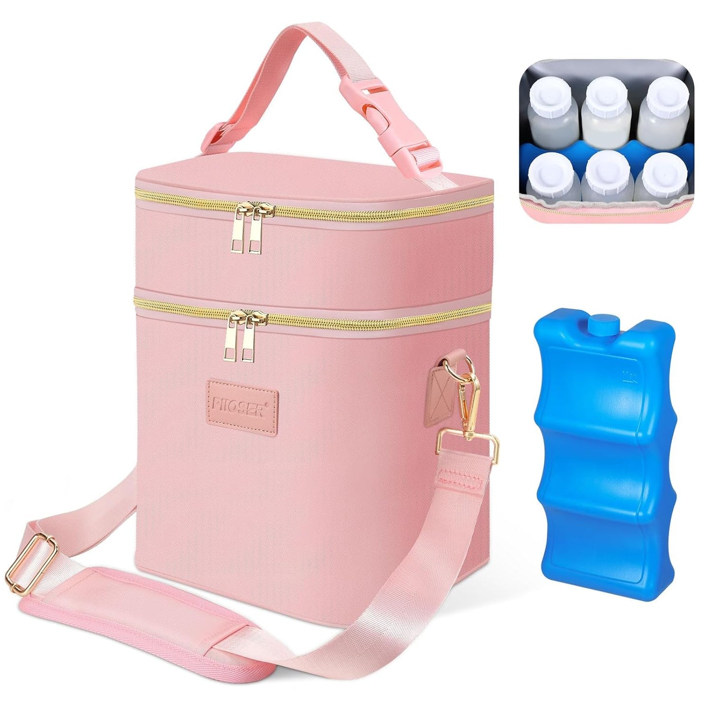 PIIOSER Breastmilk Cooler Bag with Ice Pack Fits 6 Baby Bottles Up to 9 Ounce, Insulated Baby Bottle Tote Bags, Double Layer Waterproof Leak-Proof with Shoulder Strap for Nursing & Working Mom (Grey)