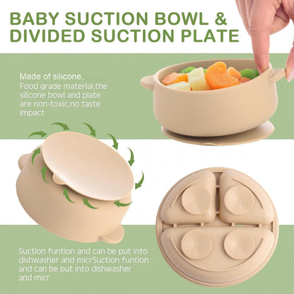 Dandat 24 Pcs Silicone Baby Feeding Set,6 Baby Toddler Suction Bowls 6 Divided Suction Plates with 6 Forks 6 Spoons, Utensils Set for Weaning Infant Feeding and Eating, 6 Styles (Elegant Color)