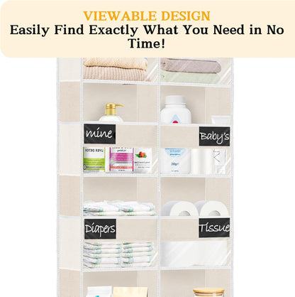Over The Door Organizer, 5-Tier Extra Large Behind Door Storage with 10 Big Front & 10 Mesh Pockets, 80lb Capacity, Hanging Storage Organizer with Clear Window Kids Toys, Shoes, Diapers, Light Grey