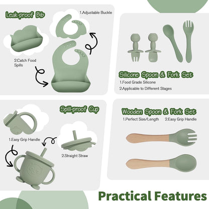 Baby Led Weaning Supplies, 17 Piece BPA-Free Silicone Feeding Set, Eating Essentials Baby Utensils with Suction Plate and Bowl, Pocket Bib, Sippy Cup with Lid, for 6+ Months, Blue