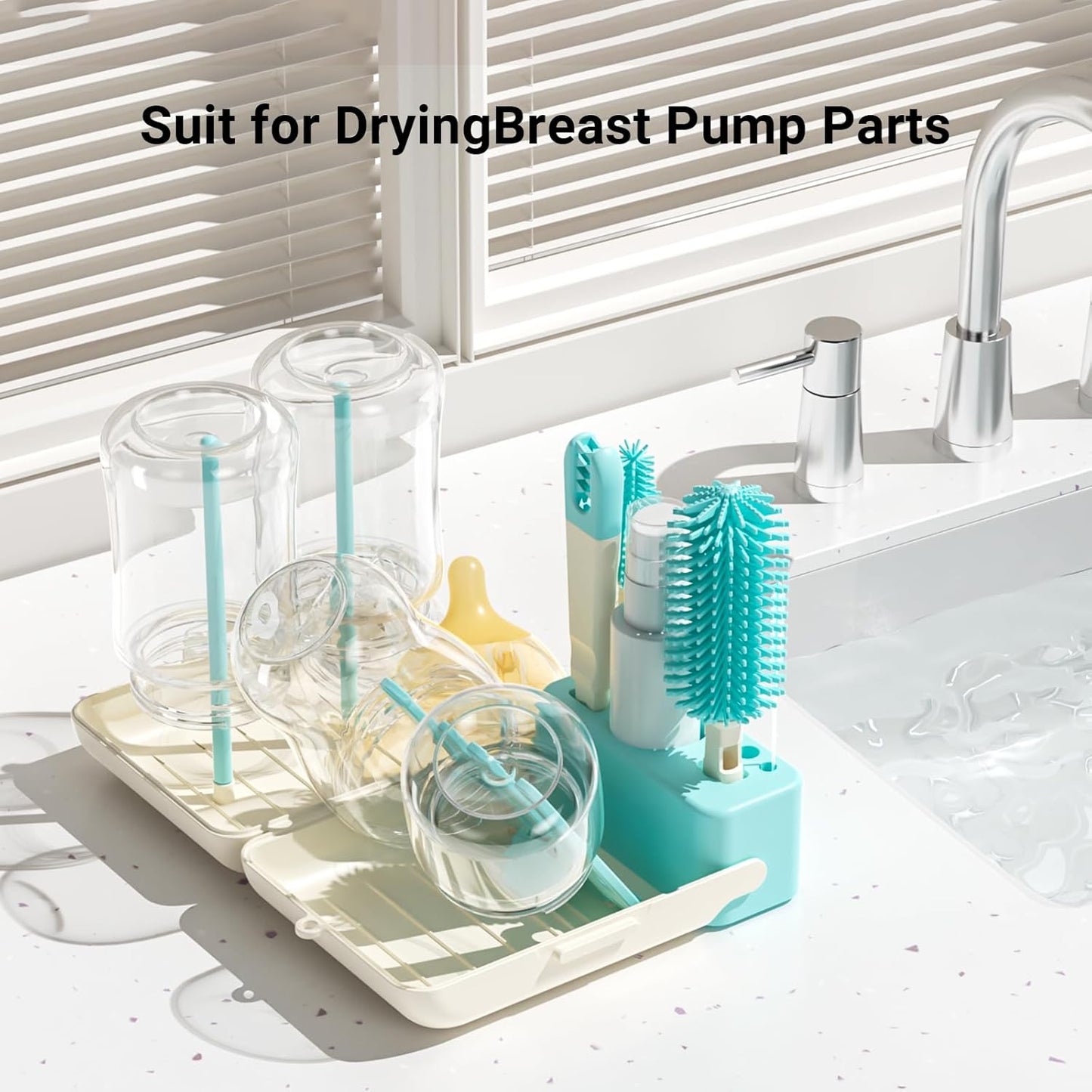 Aynmer Baby Bottle Brush, 10 in 1 Travel Baby Bottle Cleaner Brush Set with Silicone Brush, Nipple Brush, Straw Brush, Soap Dispenser, Portable Drying Rack, Breast Pump & Bottle Cleaning Kit - Pink