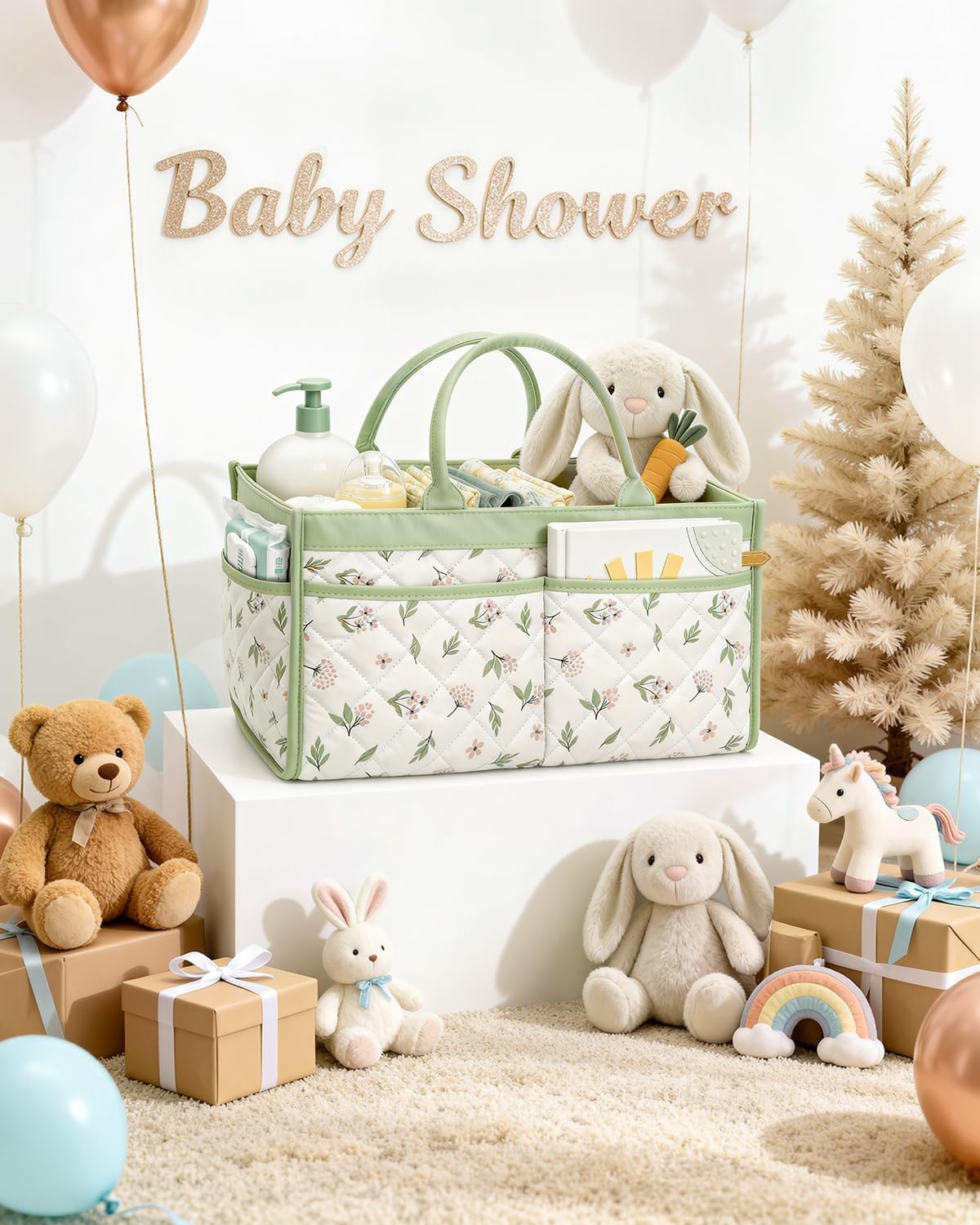 Tivellary Baby Diaper Caddy Organizer – Stylish Storage Basket for Newborn Essentials, Nursery & Diaper Station, Registry Must-Have, Sage Green Botanical