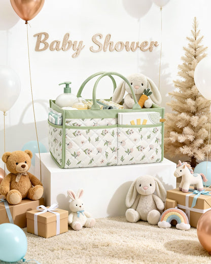 Tivellary Baby Diaper Caddy Organizer – Stylish Storage Basket for Newborn Essentials, Nursery & Diaper Station, Registry Must-Have, Sage Green Botanical