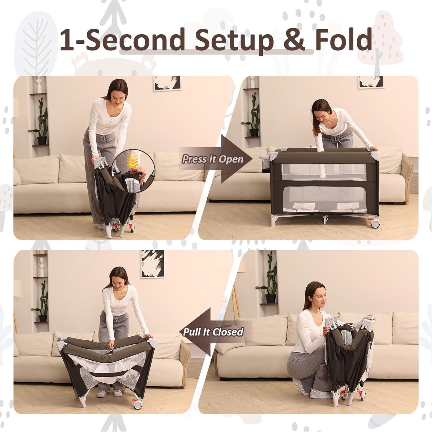 5-in-1 Baby Bassinet Bedside Sleeper, Foldable Pack and Play,One-Push Bedside Crib with Playard, Includes Mattress, Changing Table, Mosquito Net, Music Toy & Storage for Newborn to Toddler (Dark Grey)