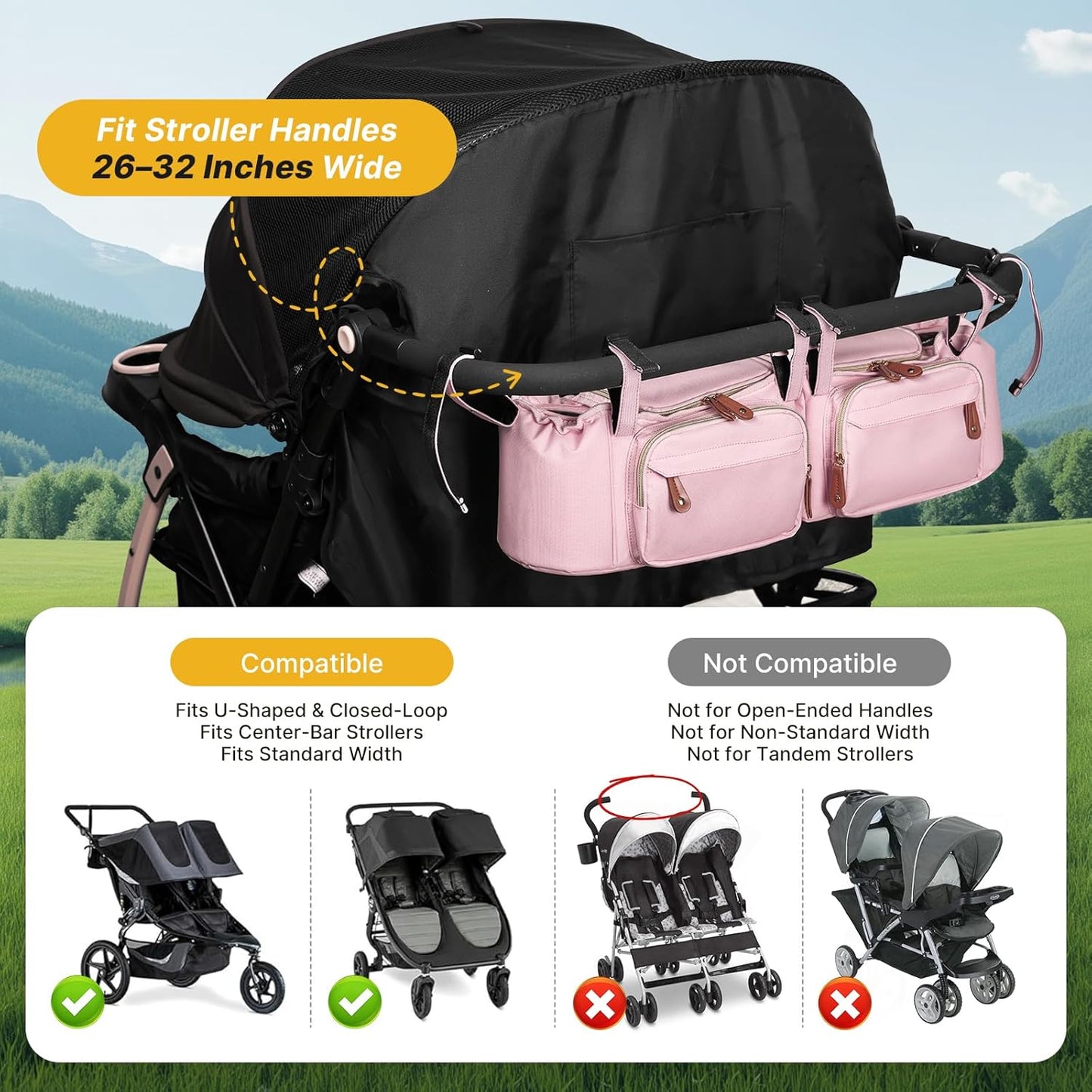 Boomistry Double Stroller Organizer for Bob Duallie and Baby Jogger City Mini GT2, Double Stroller Caddy Organizers with Cup Holder and 2 Cooler Pockets Parent Console Double Stroller Accessories