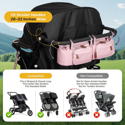 Boomistry Double Stroller Organizer for Bob Duallie and Baby Jogger City Mini GT2, Double Stroller Caddy Organizers with Cup Holder and 2 Cooler Pockets Parent Console Double Stroller Accessories