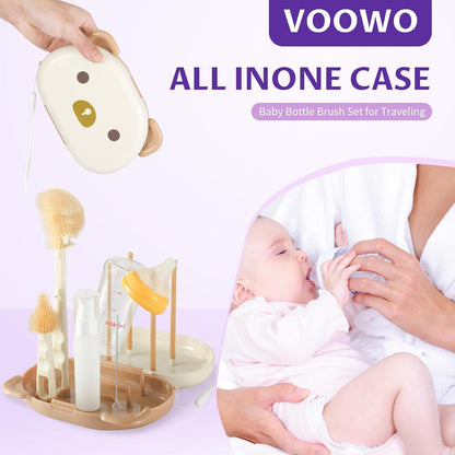 VOOWO Baby Bottle Brush & Drying Rack, Portable Travel Kit - Silicone Bottle & Nipple Brush Set, Straw Cleaner (Purple)