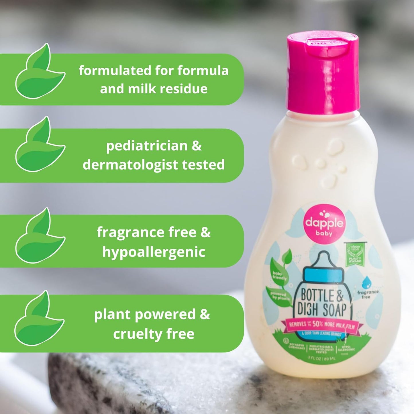 Dapple Baby Fragrance Free Bottle & Dish Soap - (3 Pack) 16.9 fl oz - Cleans Baby Bottles, Sippy Cups, Pacifiers, Breast Pumps, & More - Gently Removes Milk Film & Odors - Includes 1 Pump