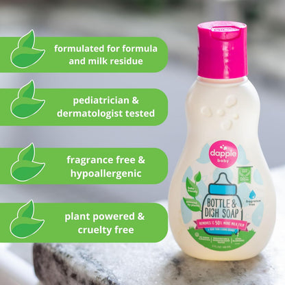 Dapple Baby Fragrance Free Bottle & Dish Soap - (3 Pack) 16.9 fl oz - Cleans Baby Bottles, Sippy Cups, Pacifiers, Breast Pumps, & More - Gently Removes Milk Film & Odors - Includes 1 Pump
