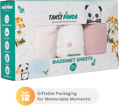 Muslin Bassinet Sheets for Angelbliss, Cowiewie, Amke, Jimglo, Suihuooo, Wayfong Baby Bassinet Bedside Sleeper by TansyPanda, 3PC, 20×33in, Ultra Soft, Breathable, Snug Fit, Unisex Boys Girls, Maadi
