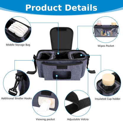 Accmor Universal Stroller Organizer with Insulated Cup Holder and Shoulder Strap, Stroller Caddy Bag Stroller Cup Holder Attachment for Uppababy, Baby Jogger, Britax Strollers, Black