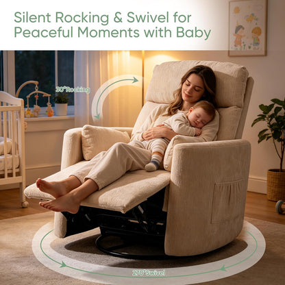 Oversized Swivel Rocker Recliner Chair with Heat and Massage, Rocking Chair with Adjustable Headrest, Manual Recliner, Glider Recliner with 2 Pillows, Chenille White