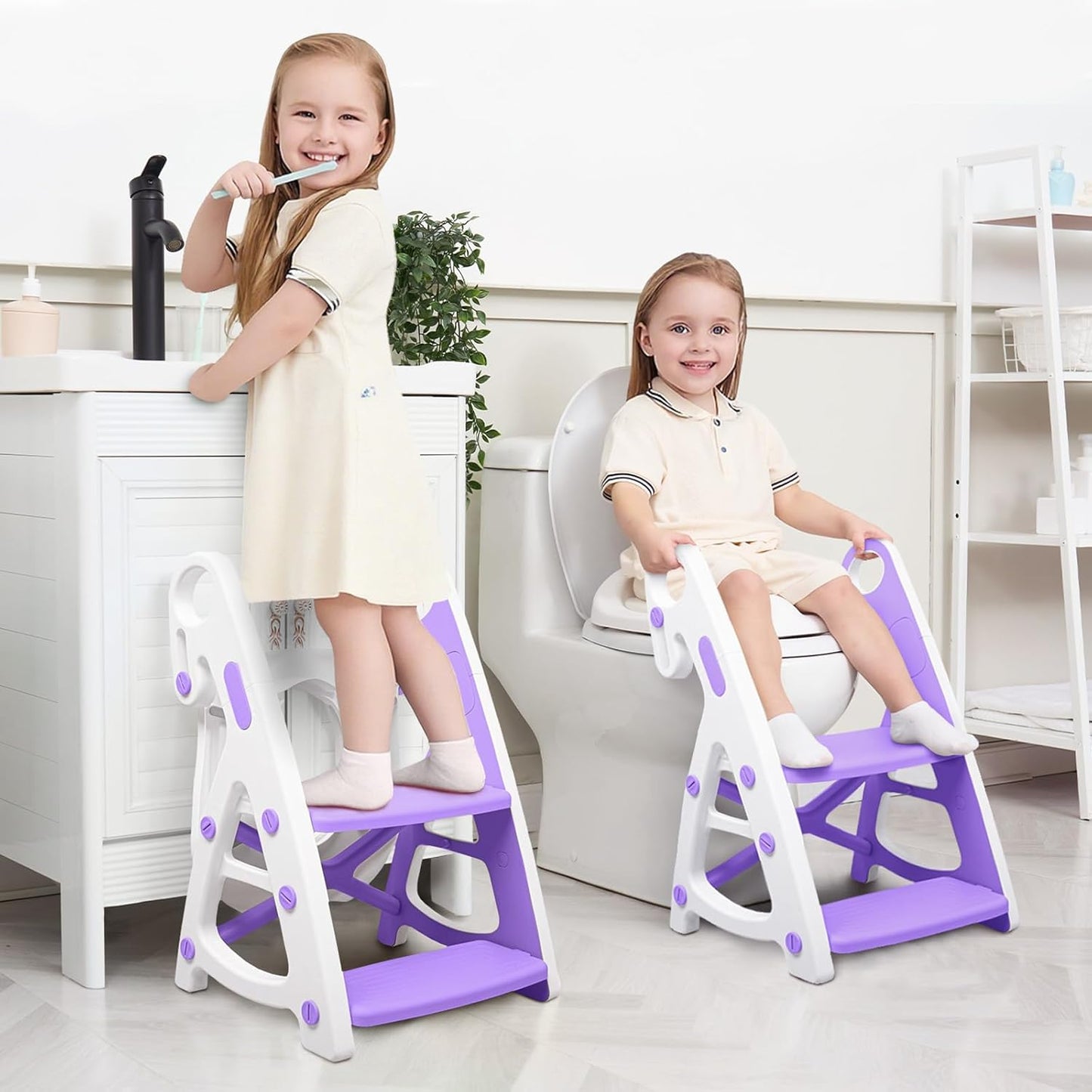 Potty Training Seat, Primlect Upgrade Ultra-Stable Toddler Toilet Seat for Kids Boys Girls, 2 in 1 Potty Training Toilet with Step Stool, Adjustable Seat and Ladder, Non-Slip Pad, Splash Guard (Grey)