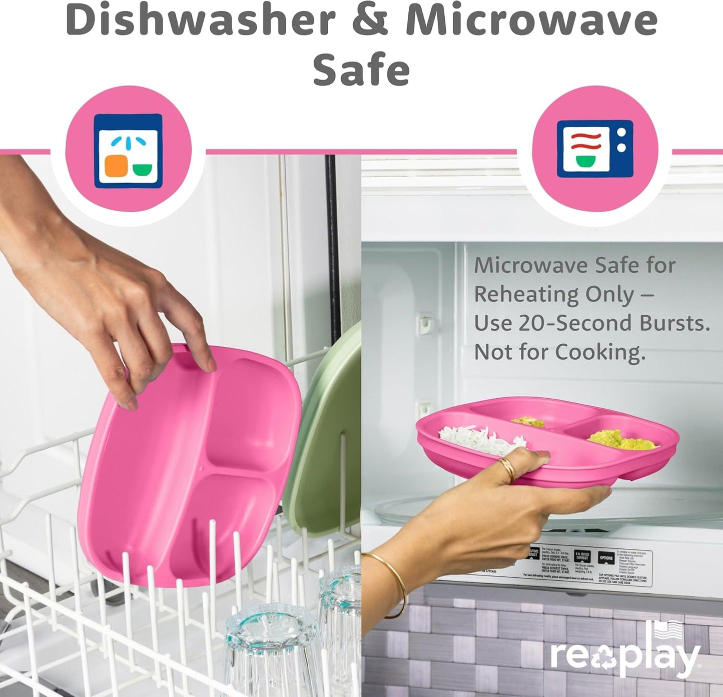 Re-Play Toddler Plates with Dividers - Deep-Walled 3 Compartments Divided Plates for Kids - Dishwasher & Microwave Safe - Made in USA - Set of 3-7.37" x 7.37" x 1.25" - Beach Baby