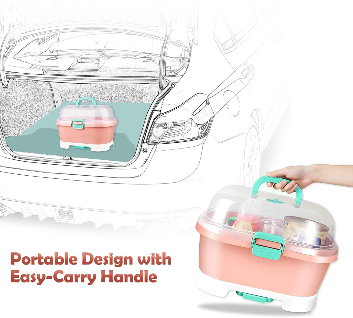 NiHome Portable Baby Bottle Drying Rack with Anti-Dust Lid, Cutlery Organizer and Drain Board - Easy-Carry Handle for Home, Kitchen, Travel and Outdoors (Pink)