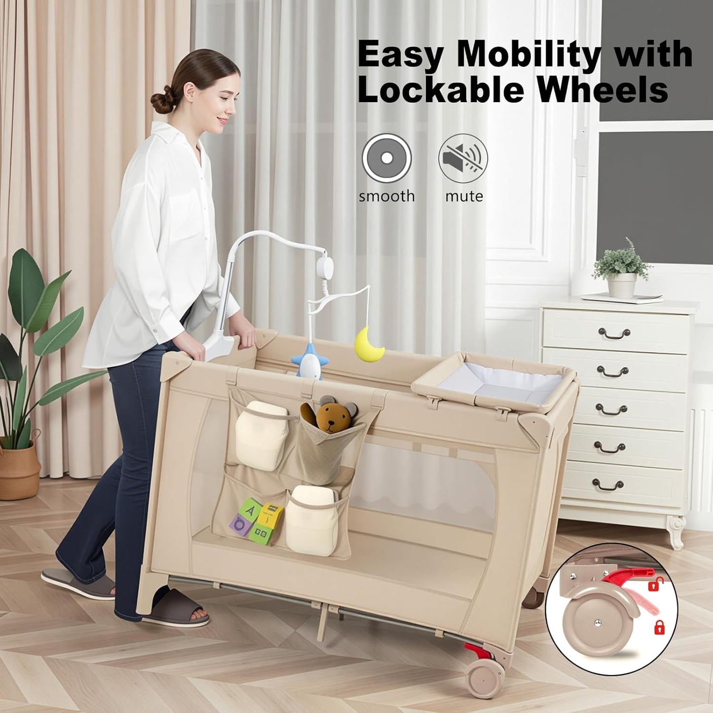 Pack and Play with Changing Table & Carry Bag, 4-in-1 Portable Crib Playpen for Newborn to Toddler, ASTM Certified Foldable Travel Crib with Bassinet(A-Black)