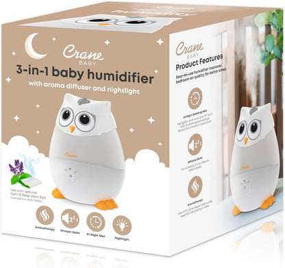 Crane Baby Mini Adorable Snow Owl Baby Humidifier, 0.5 Gal Cool Mist Humidifiers with Aroma Tray and Nightlight, Whisper Quiet Ultrasonic Humidifier for Baby and Toddler Room, Congestion Relief