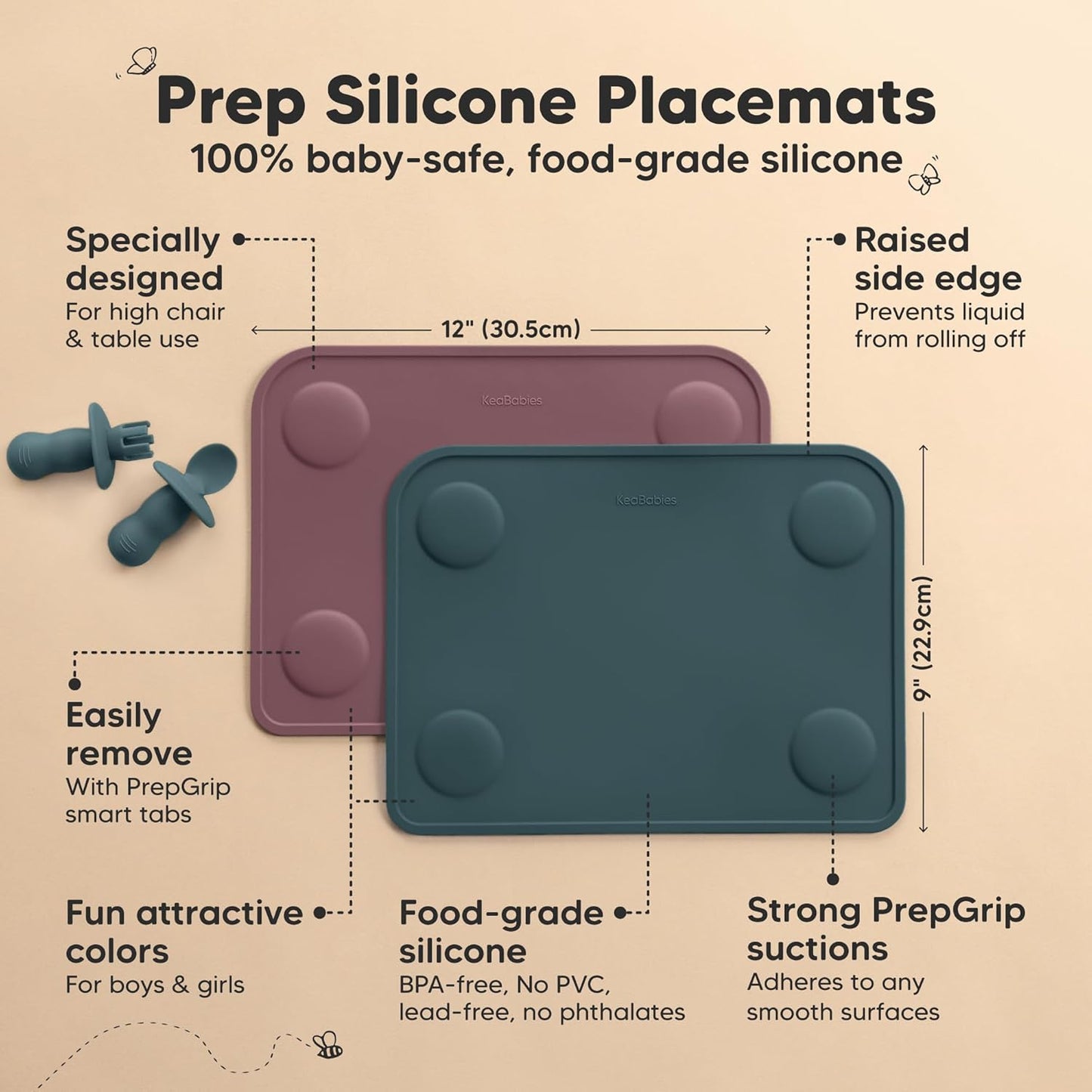 KeaBabies 2pk Silicone Placemats for Toddlers, Kids - 12x9 Non Slip Suction Baby Silicone Placemat for Restaurants, Dining Table,Travel, Easy to Clean, Food Grade/BPA-Free,Small Baby Table Mat(Slate)