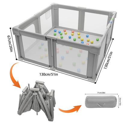 Foldable Playpen for Babies and Toddlers, 51" Portable Play Pen with Mat and Ocean Balls, Play Yard with with Visible Mesh for Inddor and Outdoor, No Assembly Required, Dark Gray