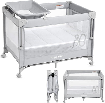 ANGELBLISS Baby Bassinet Bedside Crib, Pack and Play with Mattress, Diaper Changer, One-Push Setup Playards from Infants to Toddlers (Balck)