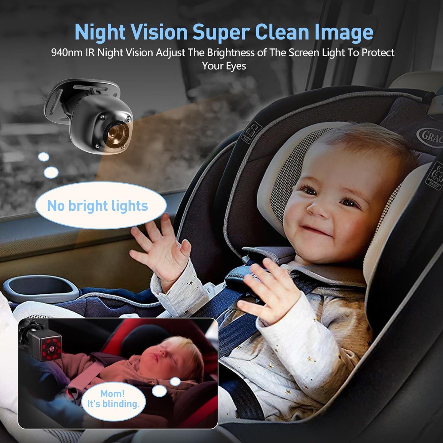 Baby Car Camera Monitor for Backseat - Baby Car Mirror - Safety Rear Facing Infant Back Seat Camera with 4.3" Display, HD 1080P, Night Vision, Easy Installation - Black