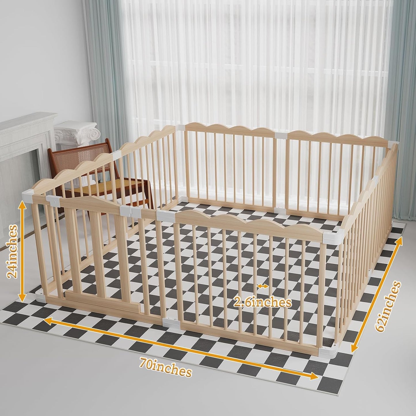 Baby Playpen, Wooden Playpen for Babies and Toddlers, Large Adjustable Wooden Baby Playard with Locking Gate, Easy to Assemble, Portable Play Pen, Infant Play Pen Play Area(47x62x24 Inch)