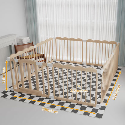 Baby Playpen, Wooden Playpen for Babies and Toddlers, Large Adjustable Wooden Baby Playard with Locking Gate, Easy to Assemble, Portable Play Pen, Infant Play Pen Play Area(47x62x24 Inch)
