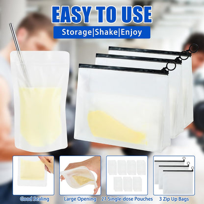 MUOUAKATE Protein Powder Travel Container Set - Reusable Powder Supplement Container To Go - 21pc Single Dose Bags and 3pc Large Travel Containers Zip Up Bags