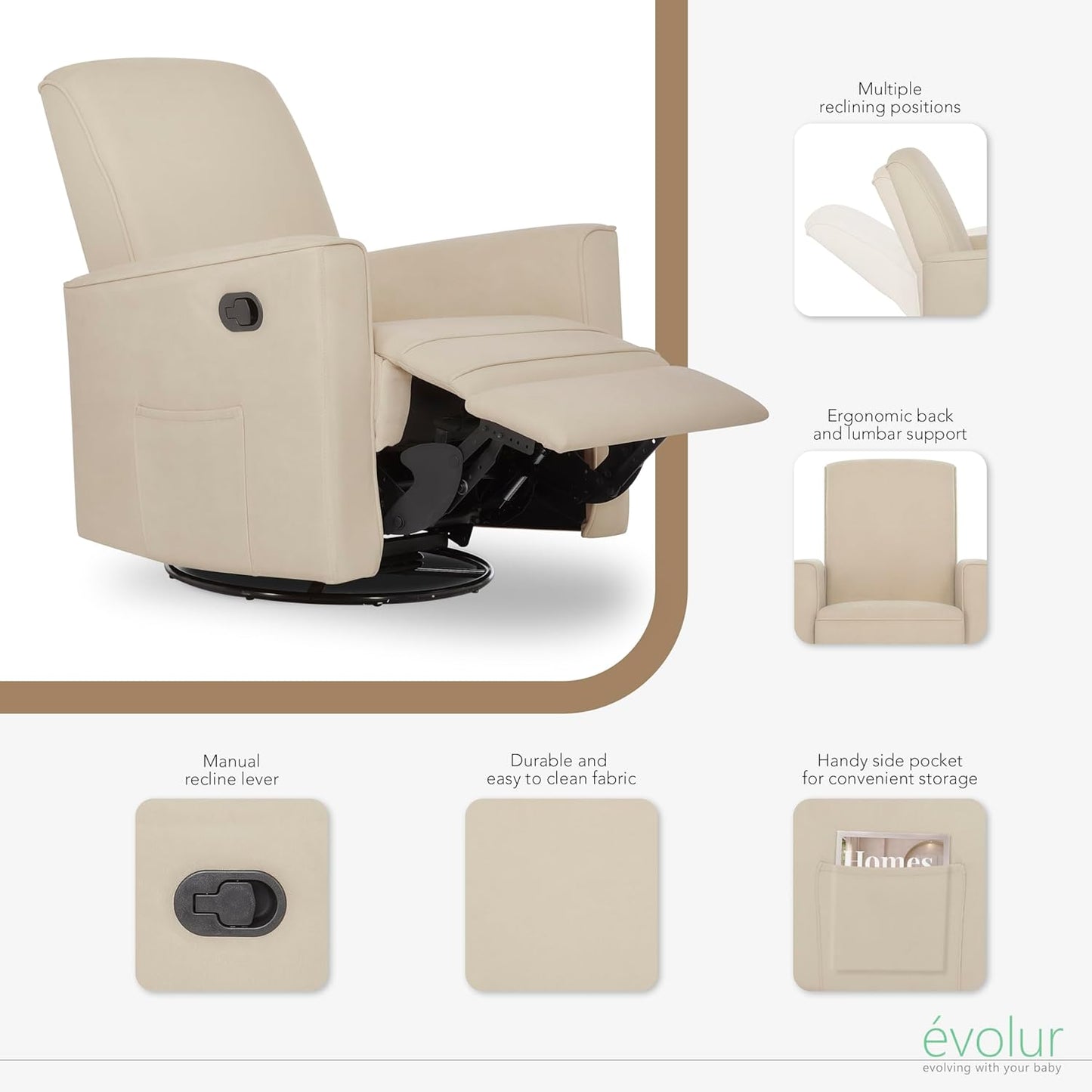 Evolur Raleigh Upholstered Manual Glider Recliner– Rocking & 360° Swivel with Smooth Glide – Greenguard Gold & FSC Certified – Modern Nursery and Living Room Chair in Light Sand