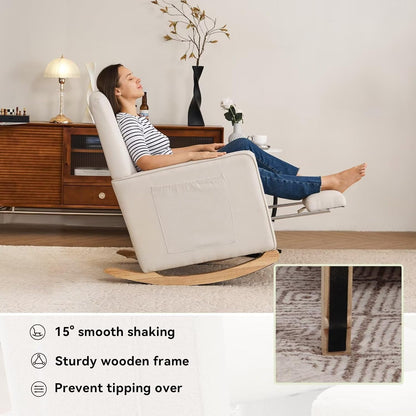 FOXHUNTER Rocking Chair Nursery with Adjustable Footrest and High Backrest, Upholstered Glider Chairs with Side Pockets for Nursery, Rocker Armchair Indoor for Living Room,Beige
