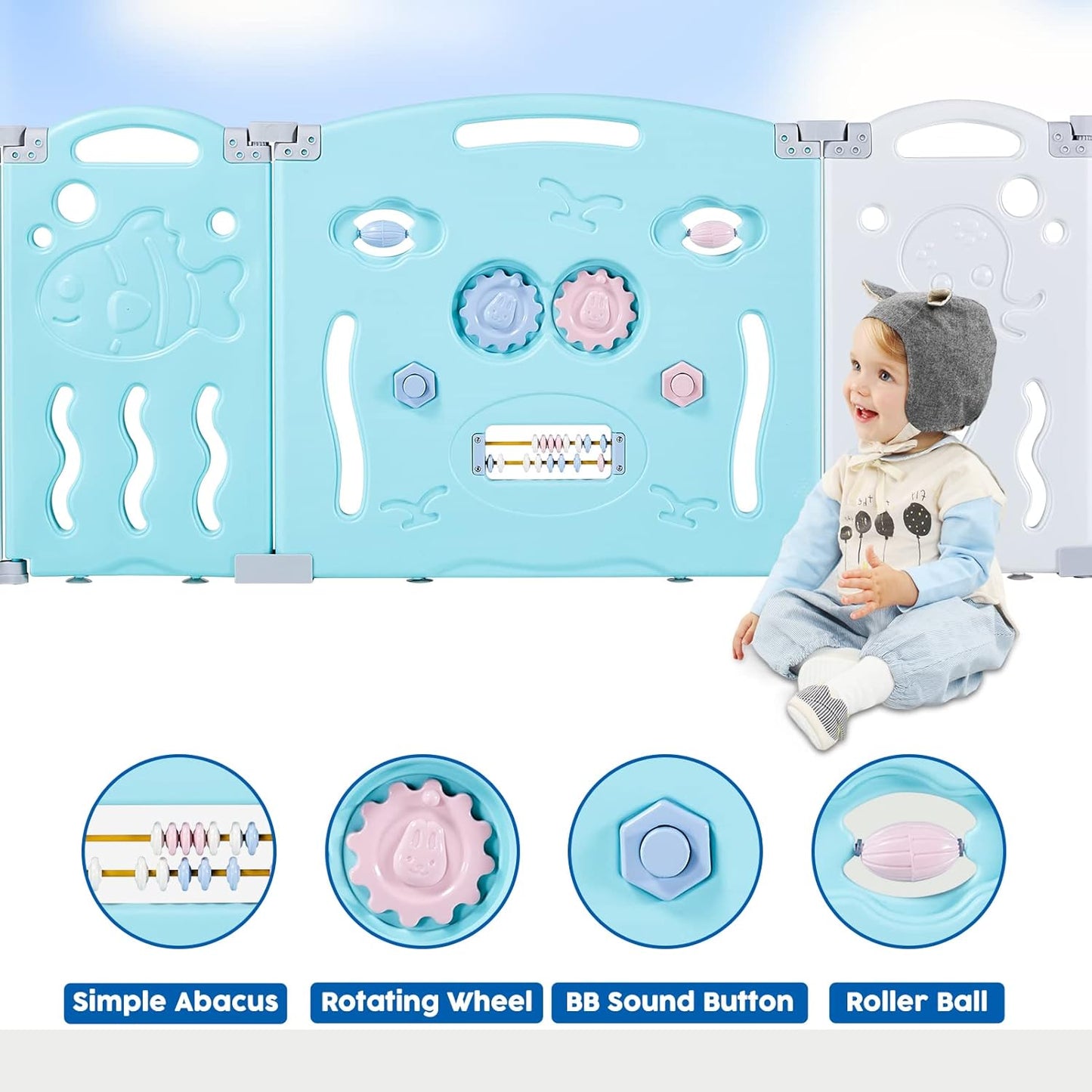Albott Baby Fence Kid Playpen 18 Panel Albott Play Yard - Foldable Kids Safety Activity Center Playard Safety Lock Gate,Adjustable Shape, Portable Design for Indoor and Outdoor (18 Panel, Grey+White)