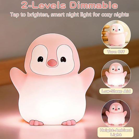 Penguin Night Light for Kids,Cute Pink Penguin Lamp,Soft Silicone Nursery Nightlight,LED Squishy Novelty Animal Bedside Lamp,Rechargeable/Dimmable/Timer,Room Deco,Christmas Gifts for Mom Girls Baby