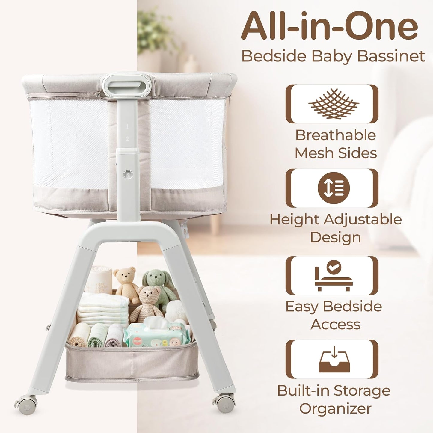 Bedside Bassinet for Baby – Adjustable Height Bedside Sleeper with Full Mesh Sides | 2 Breathable Sheets & Storage Basket | Portable Baby Bassinet for Newborns with Wheels & Bed Attachment