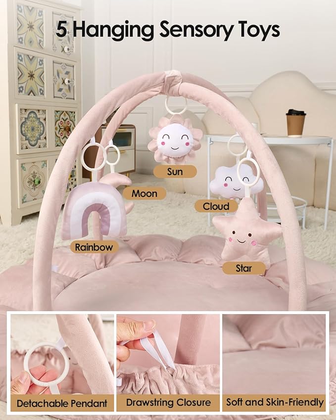 5-in-1 Convertible Baby Gym Play Mat with Hanging Toys, Soft Padded Activity Center & Ball Pit, Plush Tummy Time Mat for Newborns to Toddlers, Machine Washable, Pink
