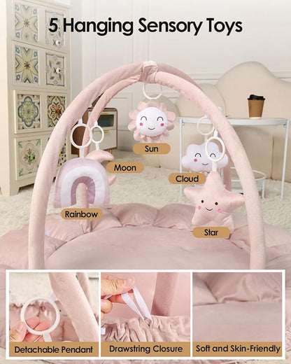 5-in-1 Convertible Baby Gym Play Mat with Hanging Toys, Soft Padded Activity Center & Ball Pit, Plush Tummy Time Mat for Newborns to Toddlers, Machine Washable, Pink