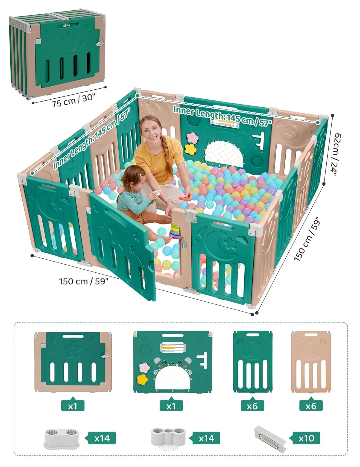 Baby Playpen, Dripex Baby Playard for Babies and Toddlers, 14-Panel Foldable Playpen Adjustable Portable Play Area, Indoor/Outdoor Kids Active Center with Game Panel & Safety Gate, Grey White