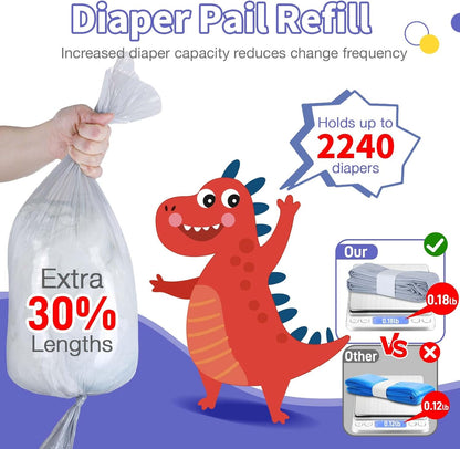 Diaper Pail Refill Bags 8 Pack Upgraded Odor Control Diaper Disposal Bag Compatible with All Diaper Trash Can, Compact Pail, Square Pails Diaper Pail Refills