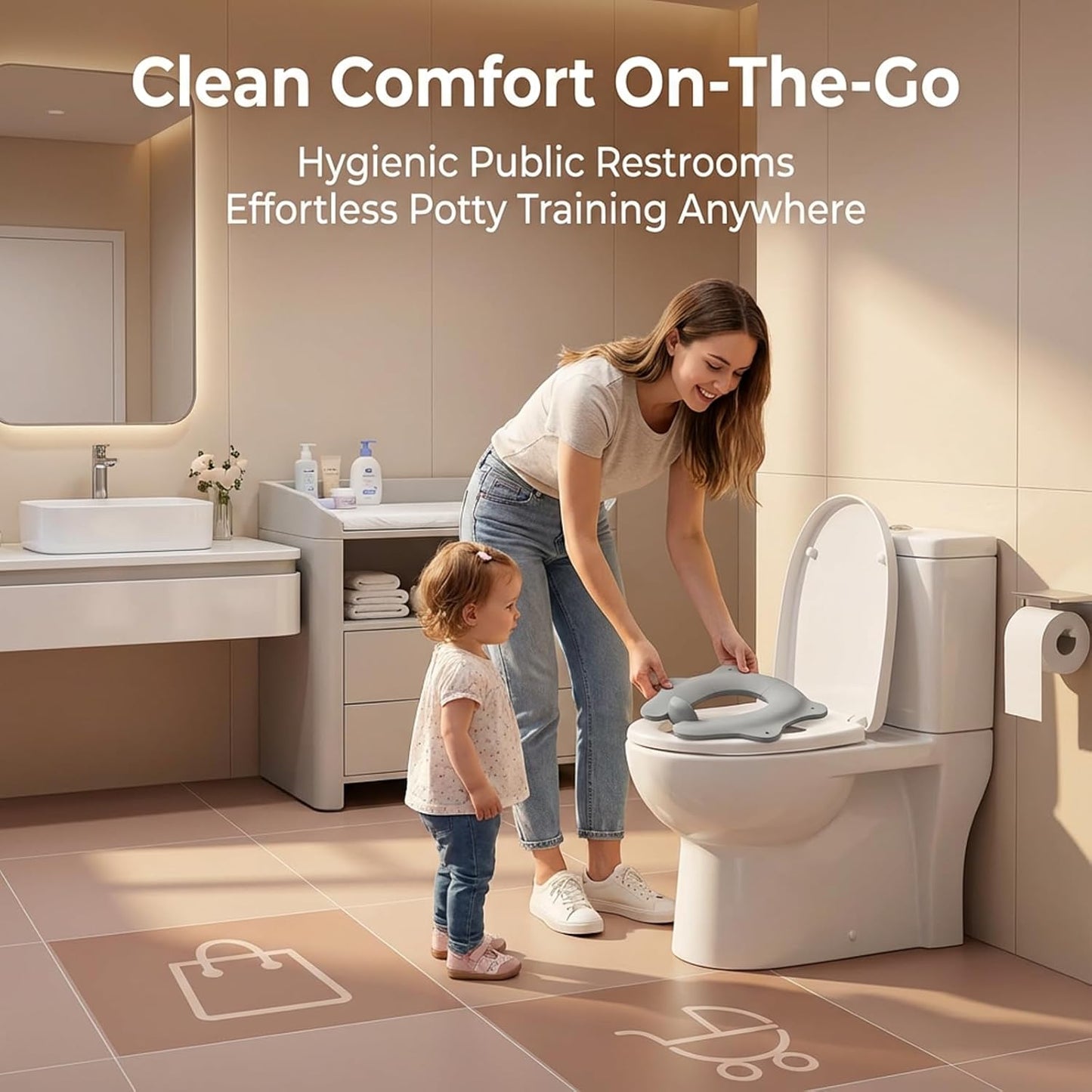 Foldable Travel Potty Seat for Toddler, Portable Toilet Training Seat for Kids on The Go, Fits Round & Oval Toilets with Non-Slip Base & Travel Bag for Car Airplane Essentials, Grey
