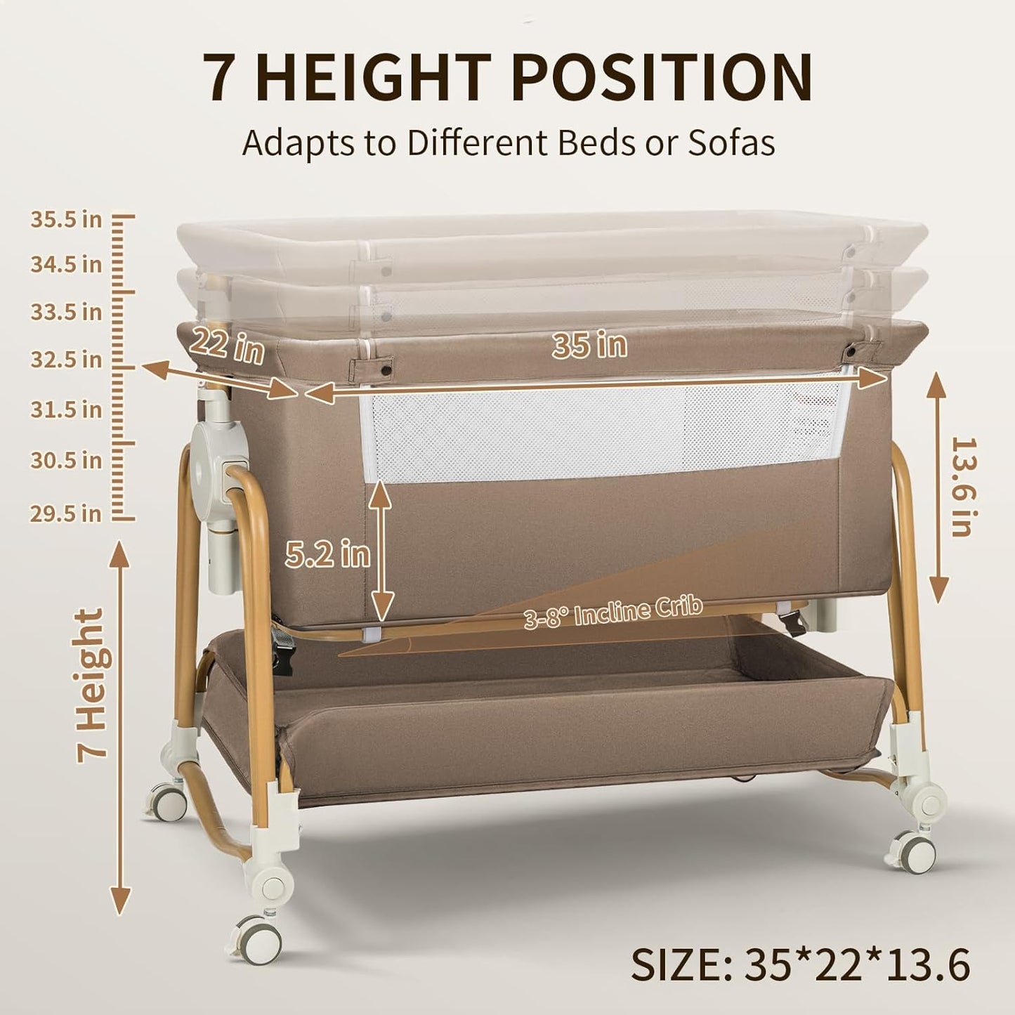 suihuooo 4-in-1 Baby Bassinet, Portable Bassinet Bedside Sleeper with Wheels and Storage Basket, 7 Height Adjustable Breathable Mesh Rocking Bassinet with Mosquito Net for Newborn-White