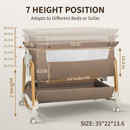 suihuooo 4-in-1 Baby Bassinet, Portable Bassinet Bedside Sleeper with Wheels and Storage Basket, 7 Height Adjustable Breathable Mesh Rocking Bassinet with Mosquito Net for Newborn-White
