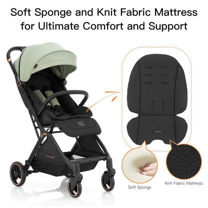 Gromast Gravity Folding Baby Stroller - Portable Travel Toddler Stroller w/Adjustable Backrest, Canopy & Cup Holder, Lightweight and UV Protected, One-Hand Automatic Folding - Green