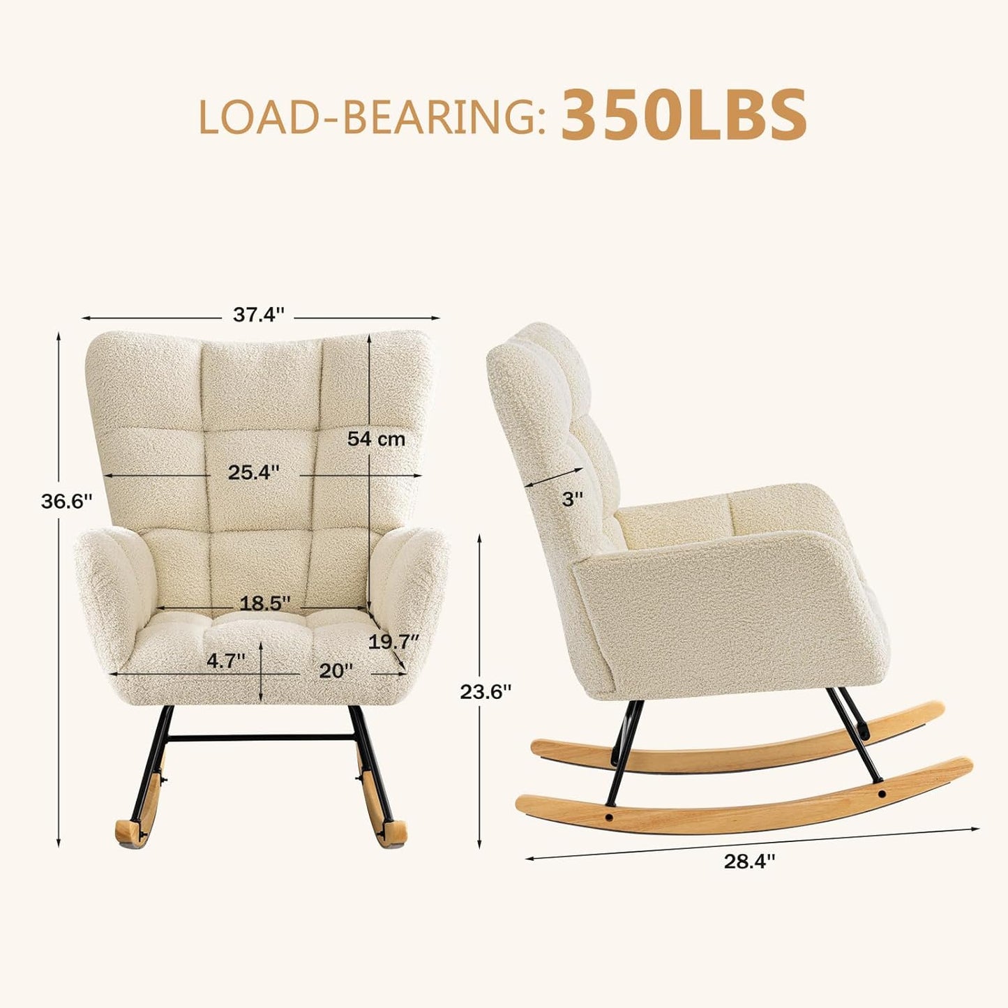 Furniliving Nursery Rocking Chair Upholstered Glider Rocking Chair Modern Accent Chair Padded Seat Reading Chair with High Backrest Comfy Chair for Living Room, Bedroom, Nursery, Black, Teddy