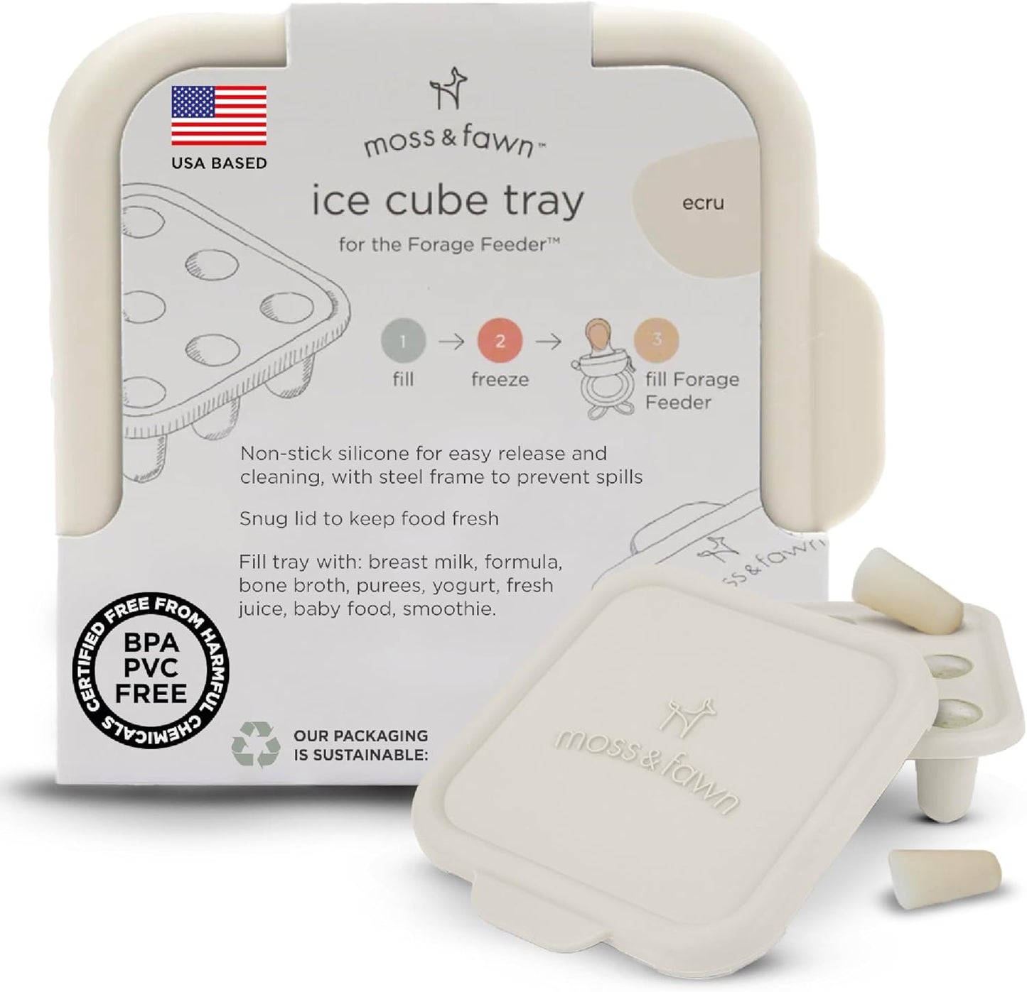 Moss and Fawn Ice Cube Tray - Forage Feeder Freezer & Teething Popsicle Mold for Breast Milk, Formula, Bone Broth, Purees, & Baby Food - BPA, Lead, & PVC-Free - Fern
