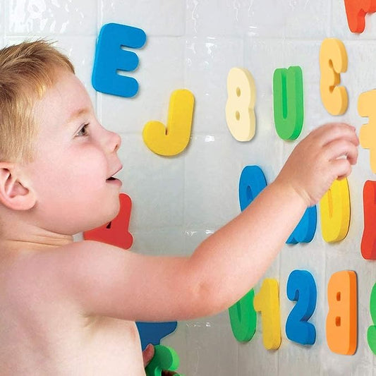 Bath Toys Organizer + 36 Soft Foam ABC 123 Letters & Numbers Bathroom Alphabet Baby Toys for Early Learning Foam Letters and Quick Dry Storage Net Bag for Baby Boys and Girls