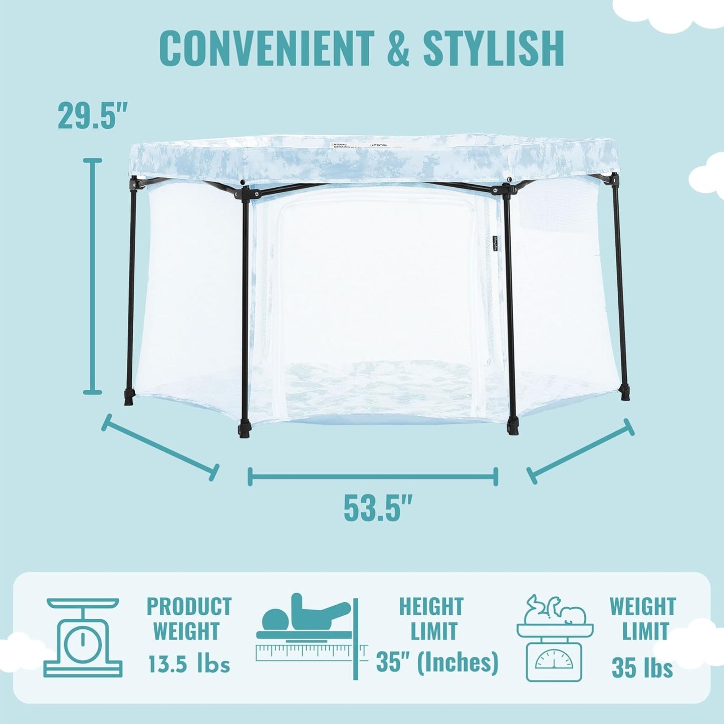 Dream On Me Onyx Baby Playpen, Zipper Access Door, Breathable Mesh Sides, Soft Comfortable Mattress Padded Floor, Easy Fold Design with Travel Carry Bag, Compact Easy to Fold Design - Sky Blue