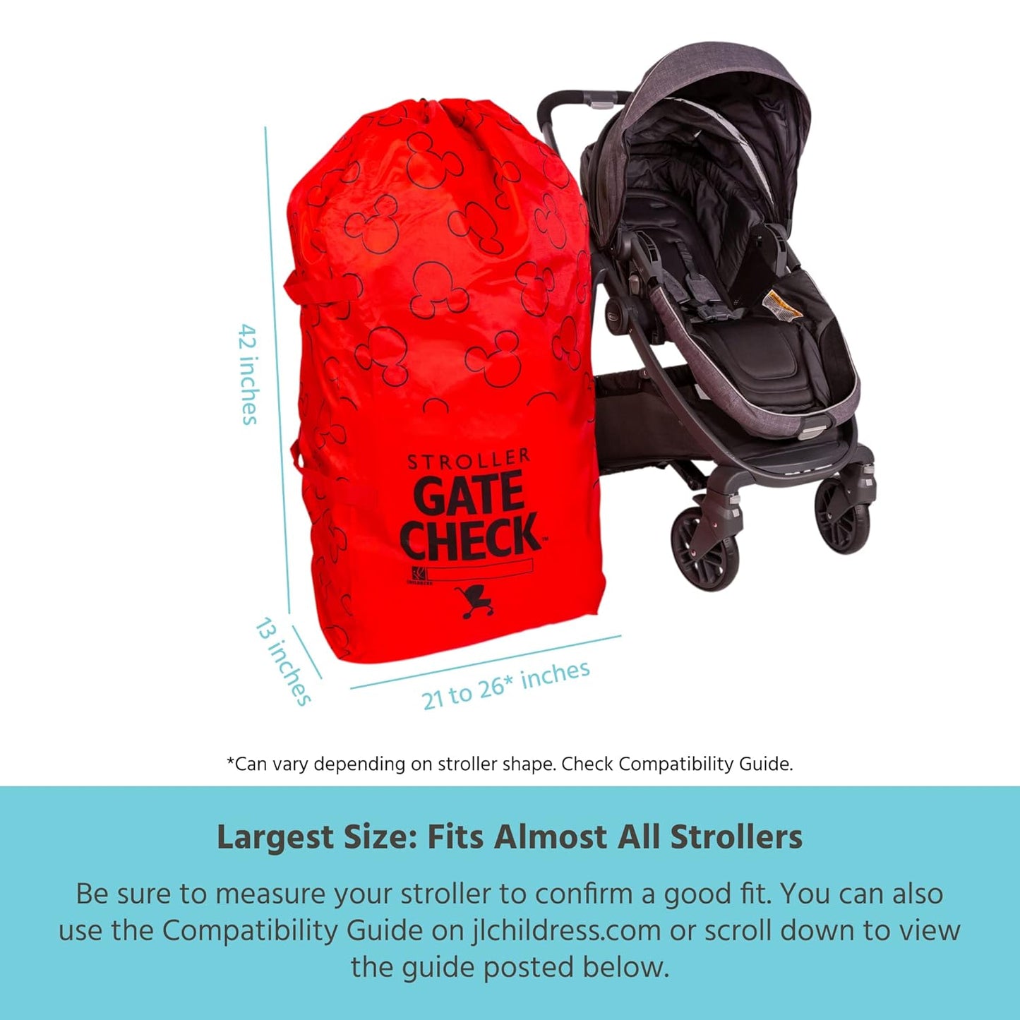 J.L. Childress Gate Check Bag for Single & Some Double Strollers - Travel Bag for Airplane, Fits Most Standard Baby Strollers, Airport Accessories for Gate Check, Flying Essentials - Red