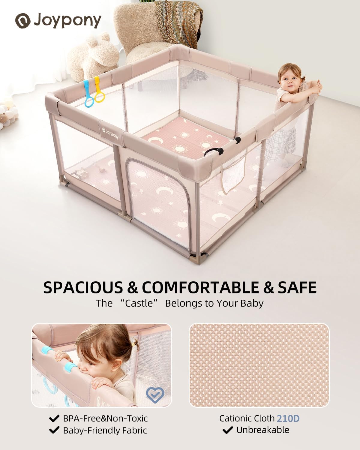 Joypony Baby Playpen with Mat, 50x50 in Small Play Pen for Babies, Toddler Playpen for Apartment, Indoors Play Yard with Soft Breathable Mesh (Beige with Mat)