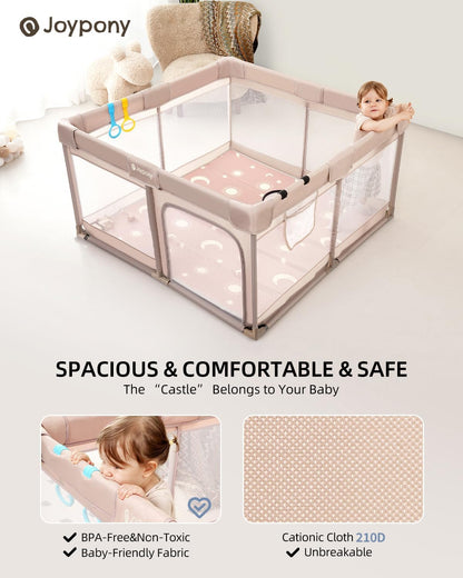 Joypony Baby Playpen with Mat, 50x50 in Small Play Pen for Babies, Toddler Playpen for Apartment, Indoors Play Yard with Soft Breathable Mesh (Beige with Mat)