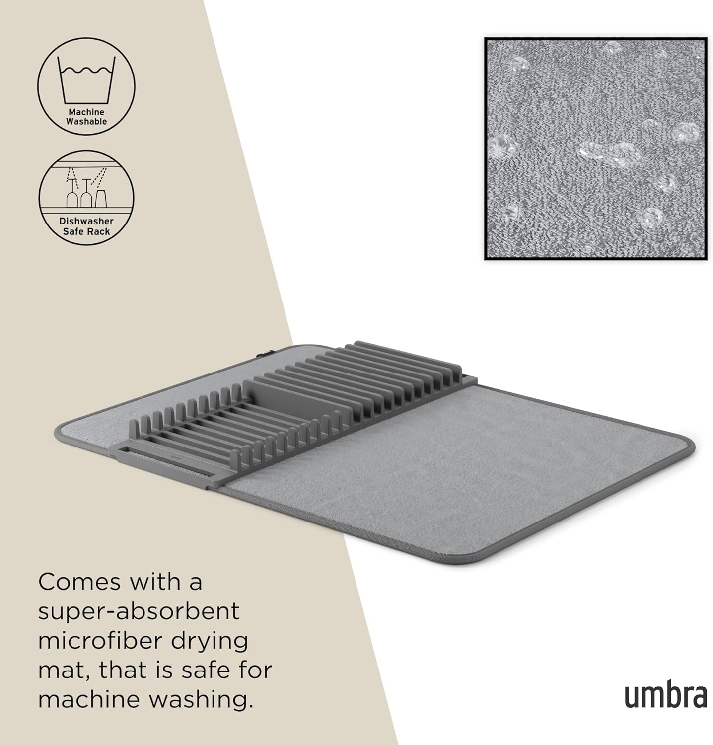 Umbra Udry Dish Rack and Microfiber Drying Mat – Space-Saving Design Folds Up for Easy Storage, Mini Rack, Gray